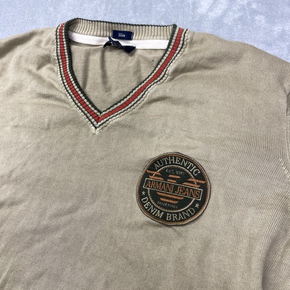 Armani Jeans Knitted Sweater Mens XXL Tan Slim Fit Long Sleeve V-Neck Pullover - Picture 6 of 6